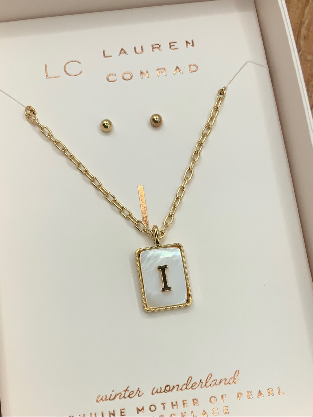 LC Lauren Conrad Gold and White Mother-of-Pearl "I" Initial Necklace Set
